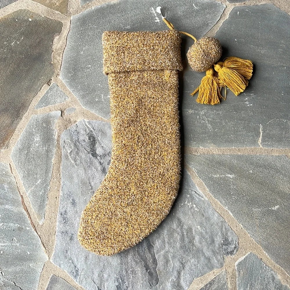 New🌟Anthropologie Boucle Christmas Stocking Large Honey Hygge Cozy Pom/Tassel